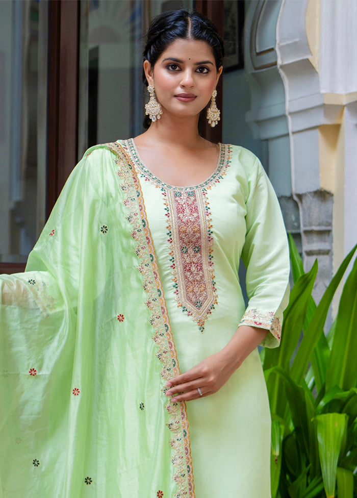 3 Pc Pista Green Readymade Silk Dupatta Suit Set