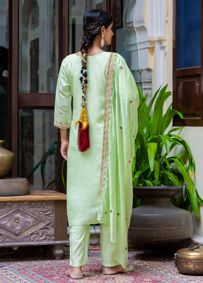 3 Pc Pista Green Readymade Silk Dupatta Suit Set
