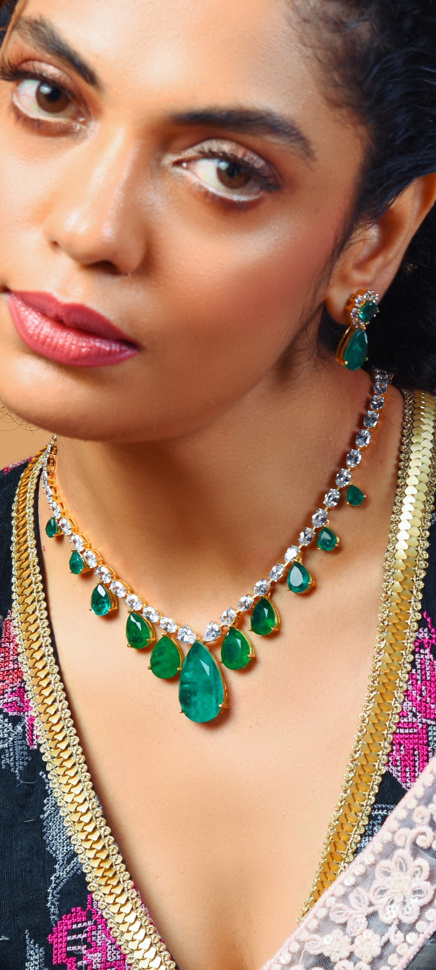 Green Doublet Emerald Gold Polish Korean Cz Necklace With Earrings Set