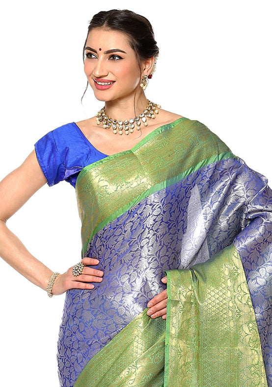 Blue Silk Zari Saree Without Blouse Piece - Indian Silk House Agencies