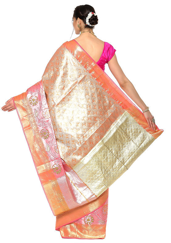 Light Peach Silk Zari Saree Without Blouse Piece - Indian Silk House Agencies