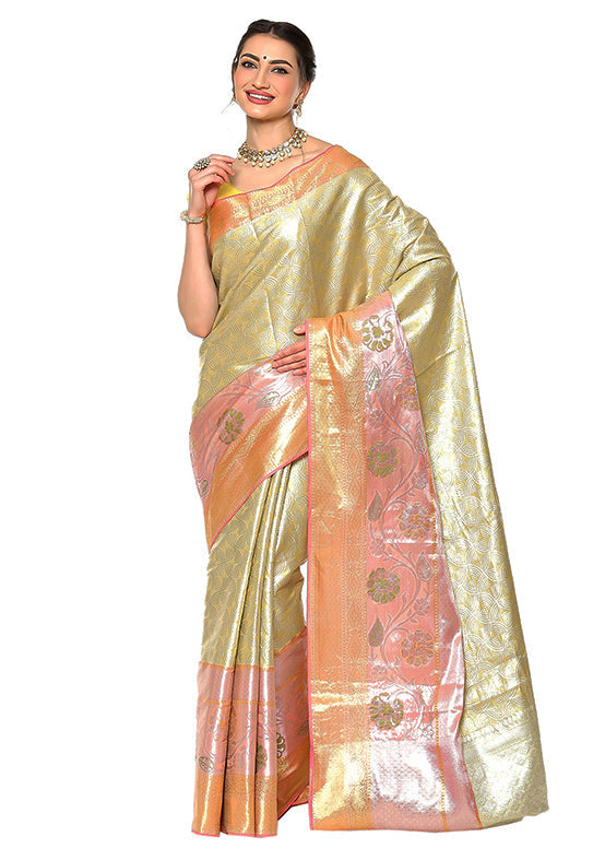 Beige Silk Zari Saree Without Blouse Piece - Indian Silk House Agencies