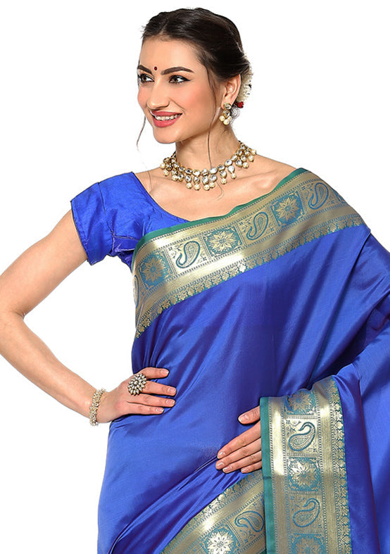 Blue Silk Saree With Blouse Piece - Indian Silk House Agencies