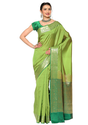 Green Silk Saree With Blouse Piece - Indian Silk House Agencies