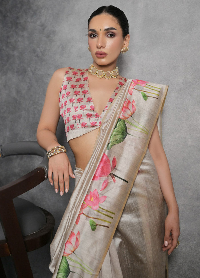 Cream Tussar Silk Saree With Blouse Piece