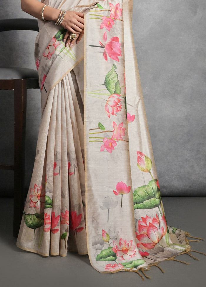 Cream Tussar Silk Saree With Blouse Piece