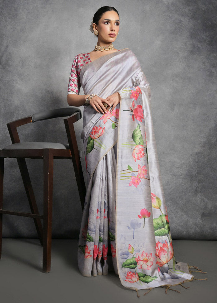 Grey Tussar Silk Saree With Blouse Piece