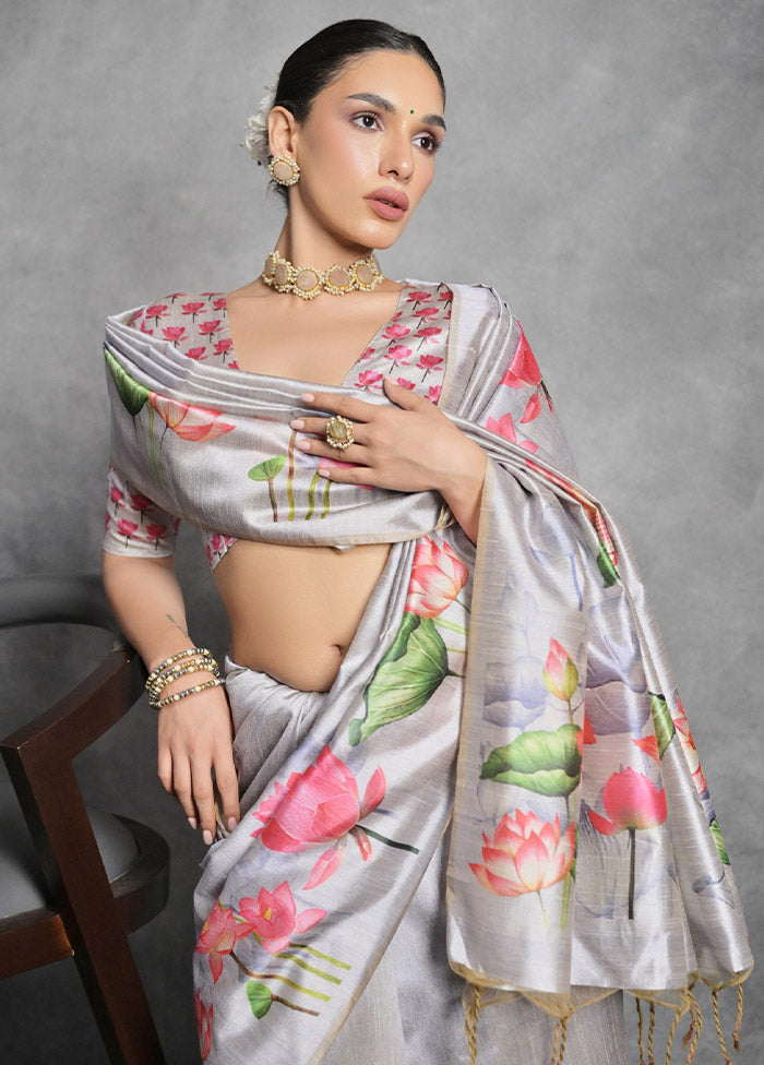 Grey Tussar Silk Saree With Blouse Piece