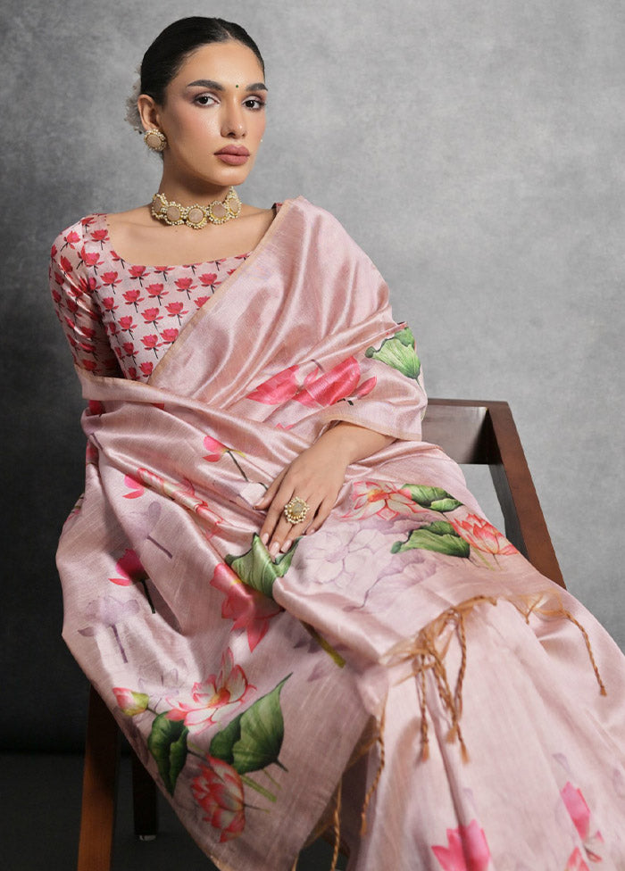 Pink Tussar Silk Saree With Blouse Piece