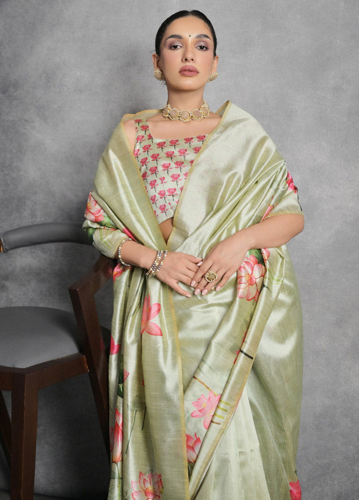 Pista Green Tussar Silk Saree With Blouse Piece