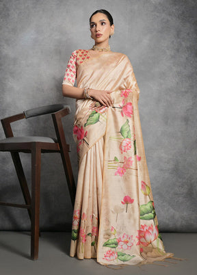 Cream Tussar Silk Saree With Blouse Piece