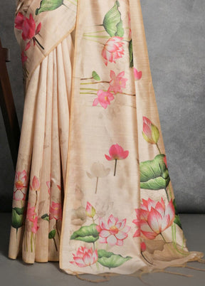 Cream Tussar Silk Saree With Blouse Piece