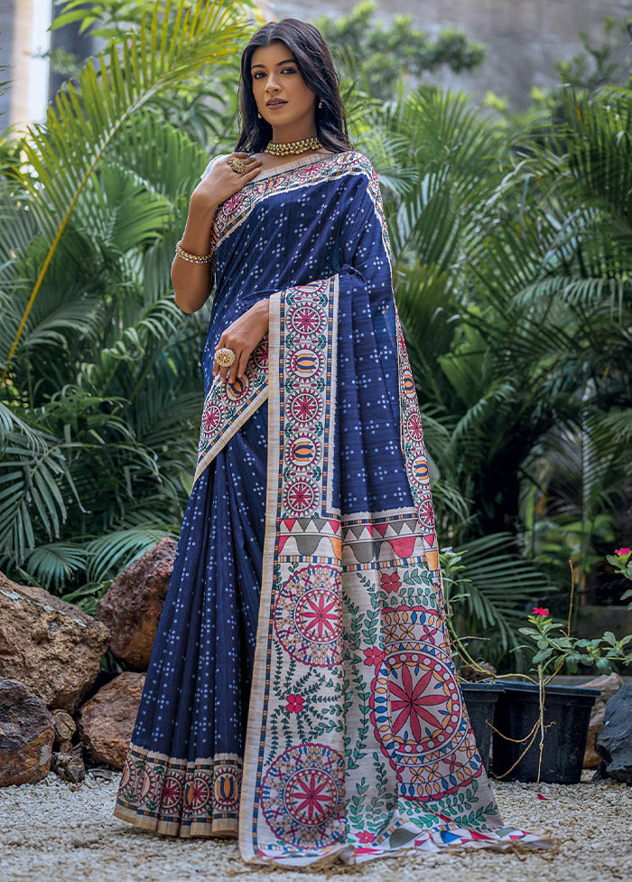 Blue Tussar Silk Saree With Blouse Piece