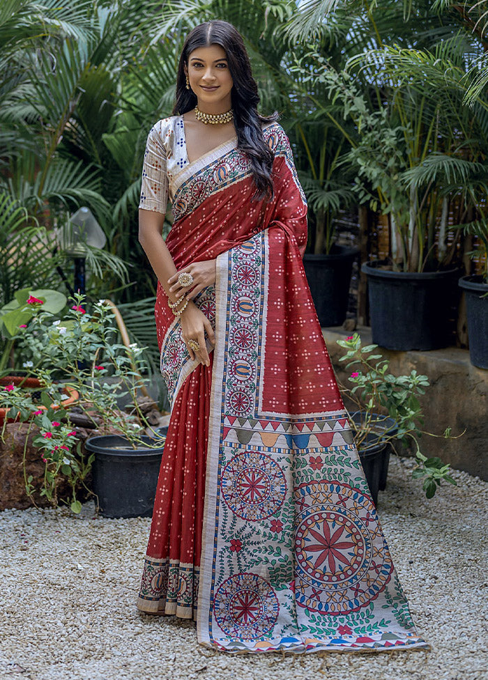 Red Tussar Silk Saree With Blouse Piece