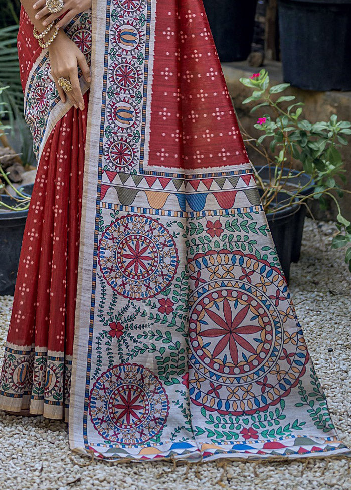 Red Tussar Silk Saree With Blouse Piece