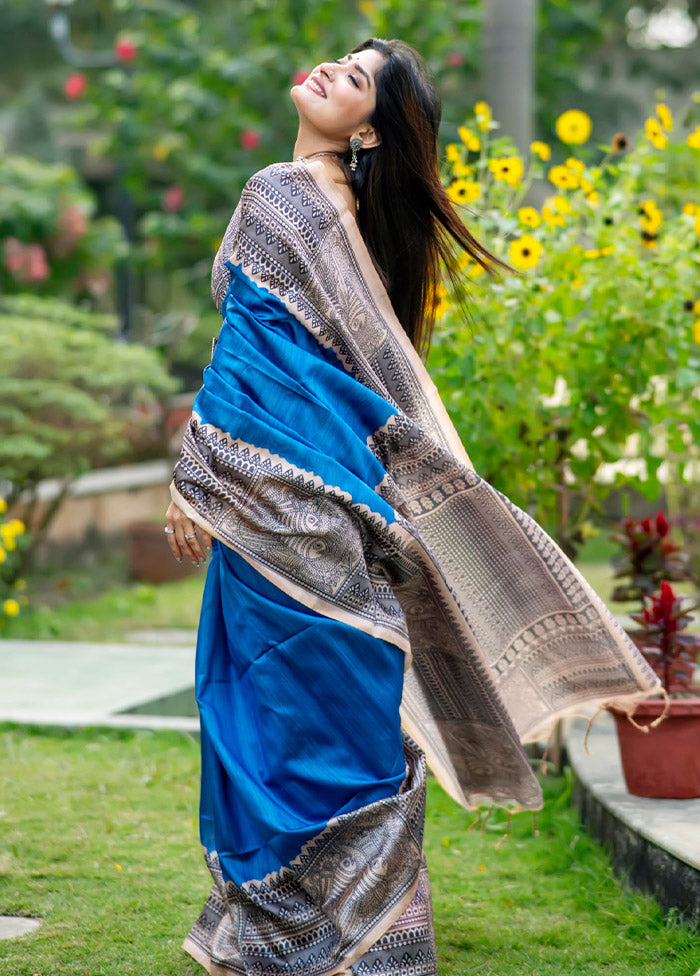 Blue Tussar Silk Saree With Blouse Piece