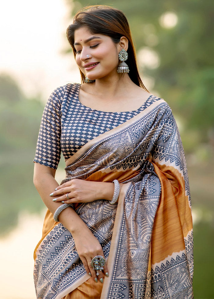 Mustard Tussar Silk Saree With Blouse Piece