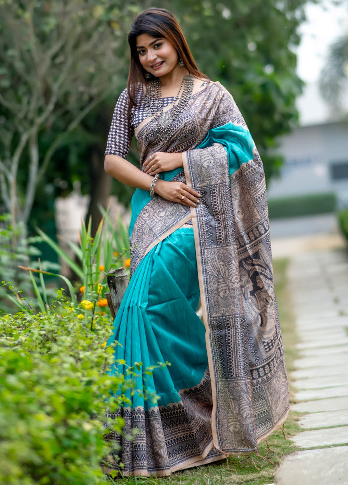 Rama Tussar Silk Saree With Blouse Piece