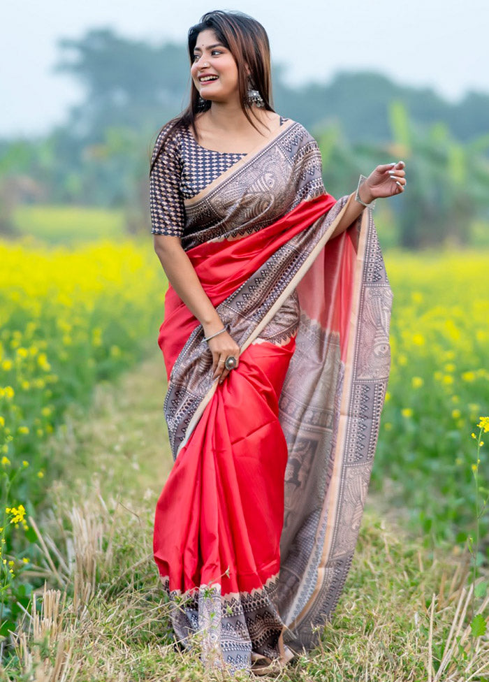 Red Tussar Silk Saree With Blouse Piece