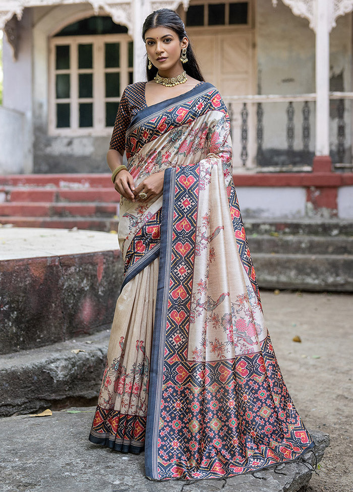 Cream Tussar Silk Saree With Blouse Piece