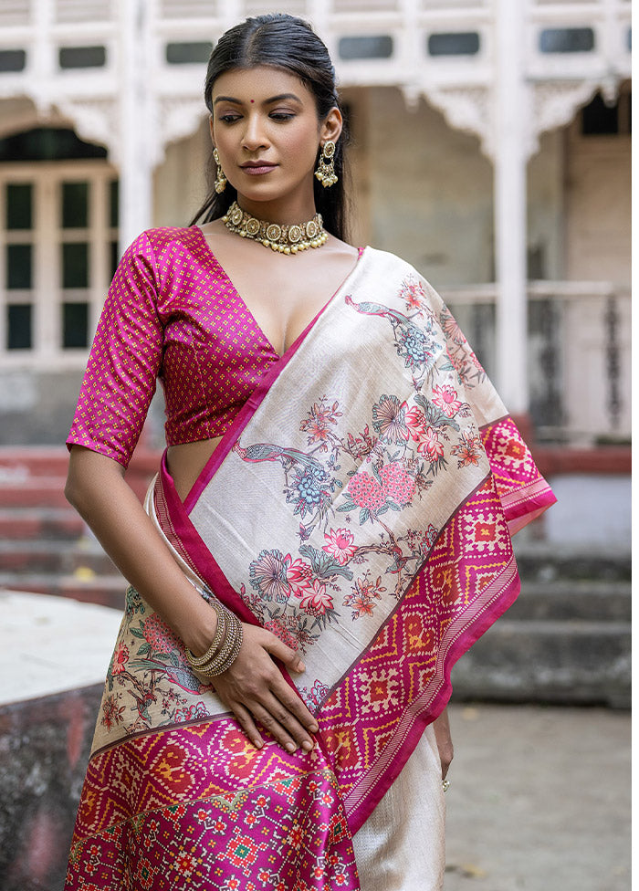 Pink Tussar Silk Saree With Blouse Piece