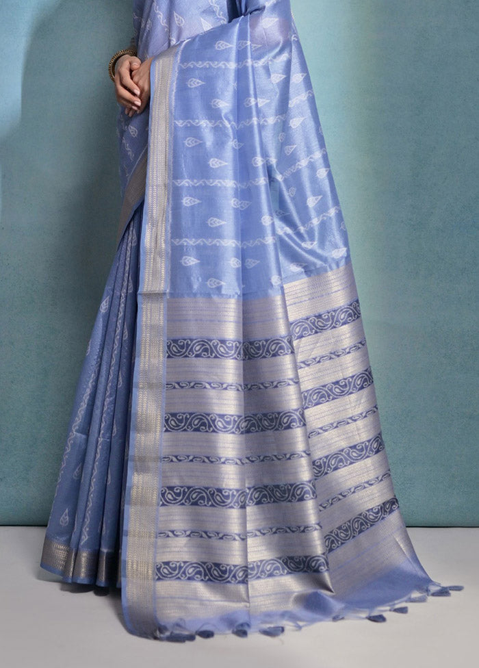 Blue Dupion Silk Saree With Blouse Piece