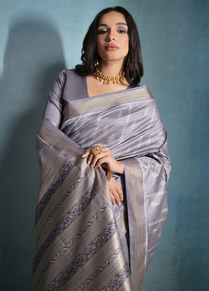 Grey Dupion Silk Saree With Blouse Piece