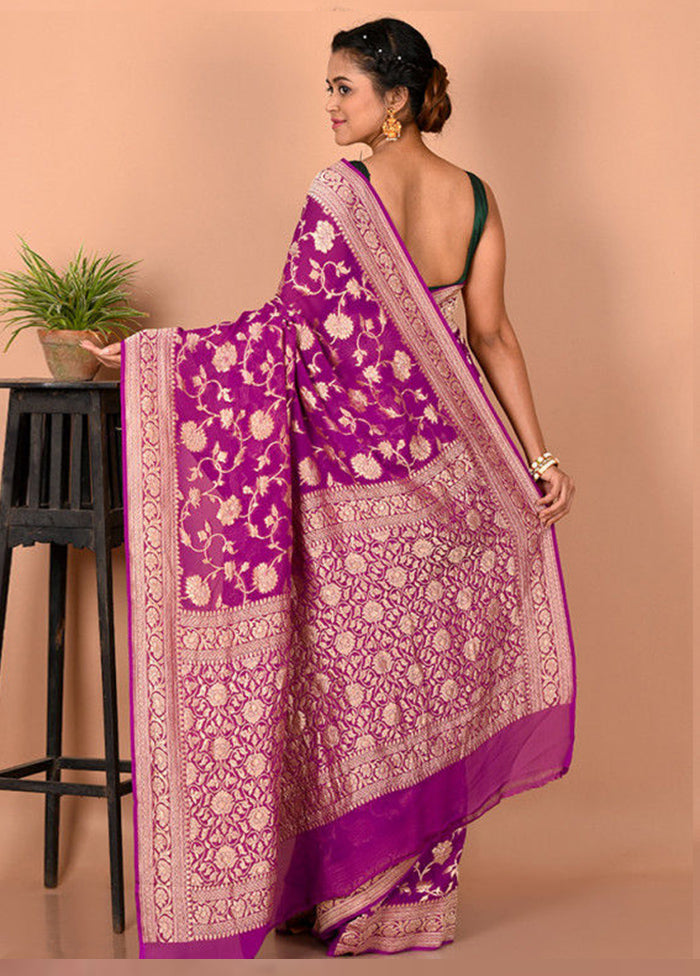 Purple Chiffon Pure Silk Saree With Blouse Piece - Indian Silk House Agencies