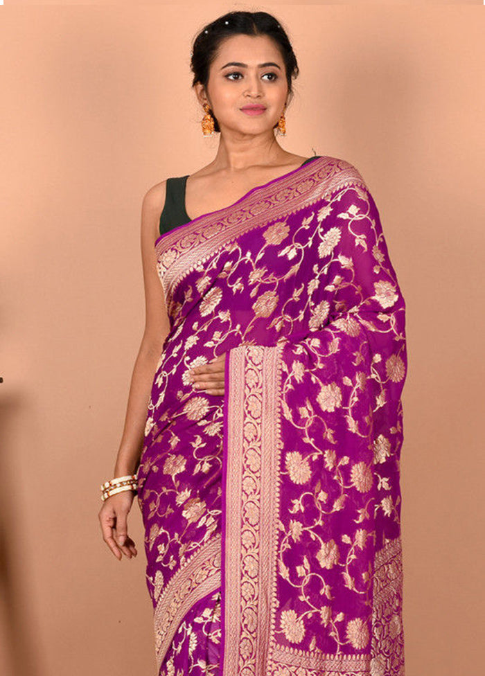 Purple Chiffon Pure Silk Saree With Blouse Piece - Indian Silk House Agencies