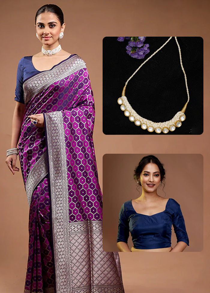 Purple Banarasi Saree & Kundan Necklace Combo