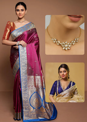 Purple Banarasi Saree & Golden Necklace Combo