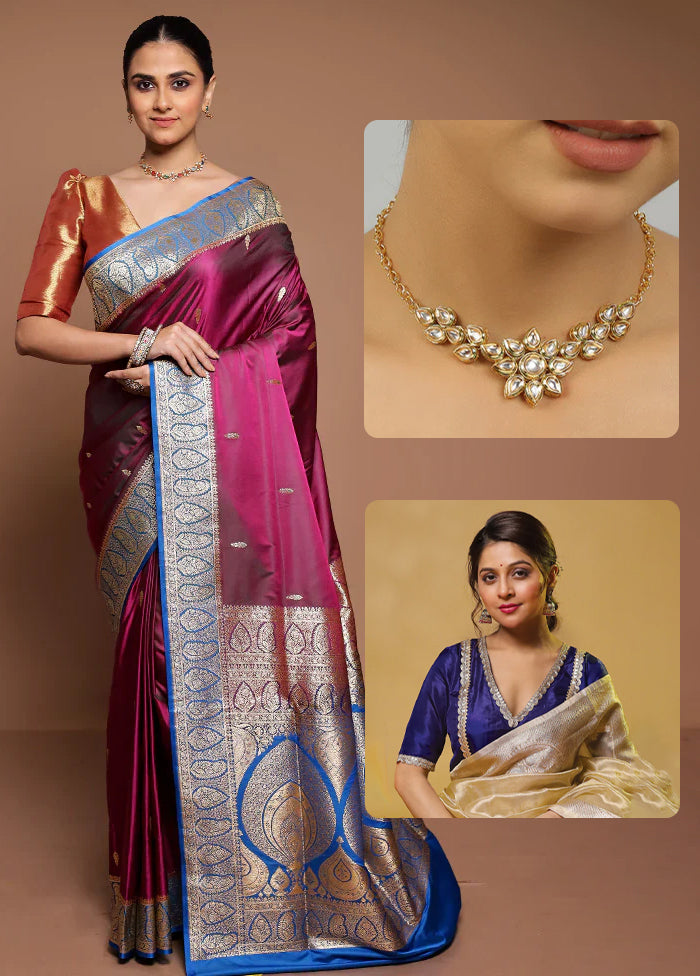 Purple Banarasi Saree & Golden Necklace Combo