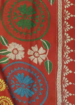 Orange Kantha Stitch Silk Saree With Blouse Piece