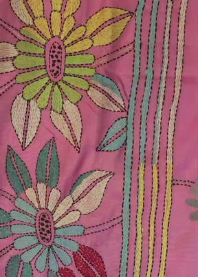 Pink Kantha Stitch Silk Saree With Blouse Piece