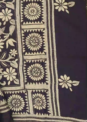 Blue Kantha Stitch Silk Saree With Blouse Piece