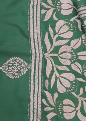 Green Kantha Stitch Silk Saree With Blouse Piece
