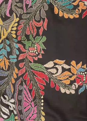 Black Handloom Kantha Stitch Pure Silk Saree With Blouse Piece