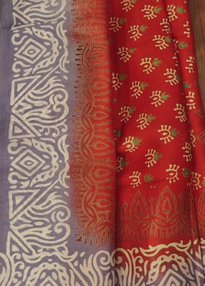 Orange Printed Pure Silk Saree Without Blouse Piece