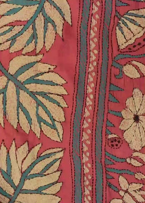 Pink Kantha Stitch Silk Saree With Blouse Piece