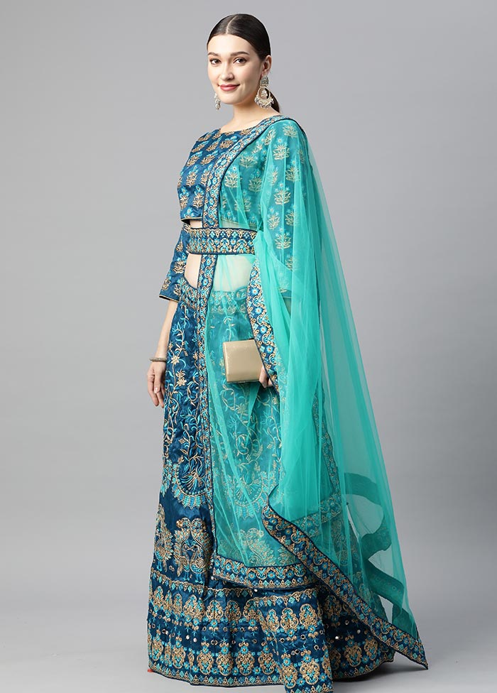 3 Pc Turquoise Crepe Semi Stitched Lehenga Set