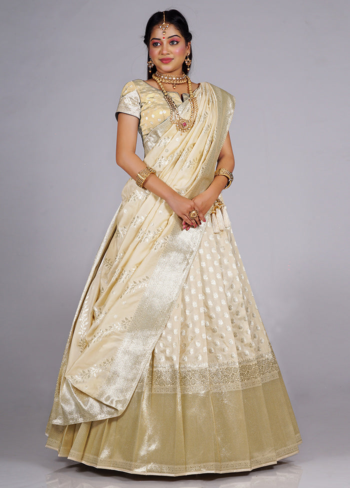 3 Pc Cream Silk Semi Stitched Lehenga Set