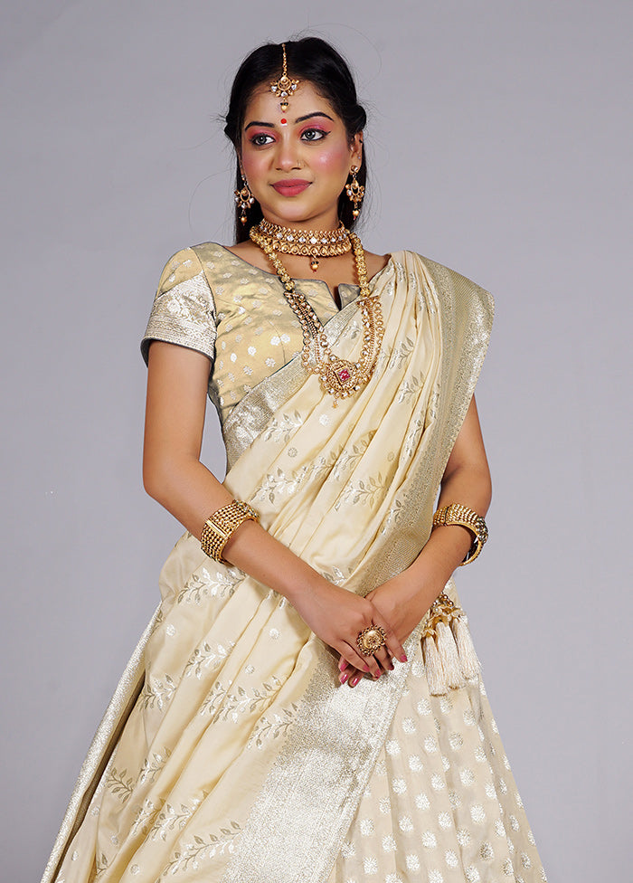 3 Pc Cream Silk Semi Stitched Lehenga Set