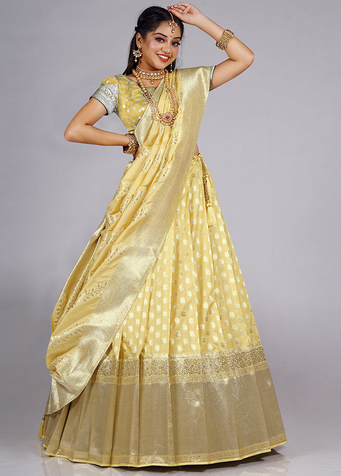 3 Pc Light Yellow Silk Semi Stitched Lehenga Set