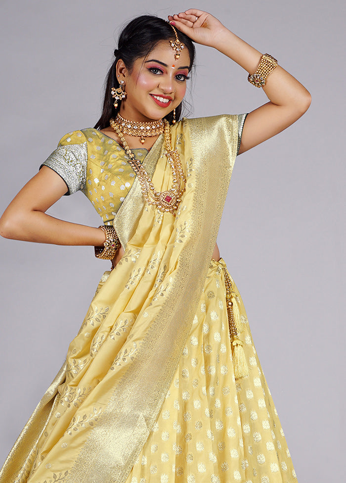 3 Pc Light Yellow Silk Semi Stitched Lehenga Set