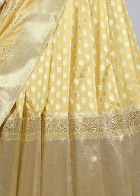 3 Pc Light Yellow Silk Semi Stitched Lehenga Set