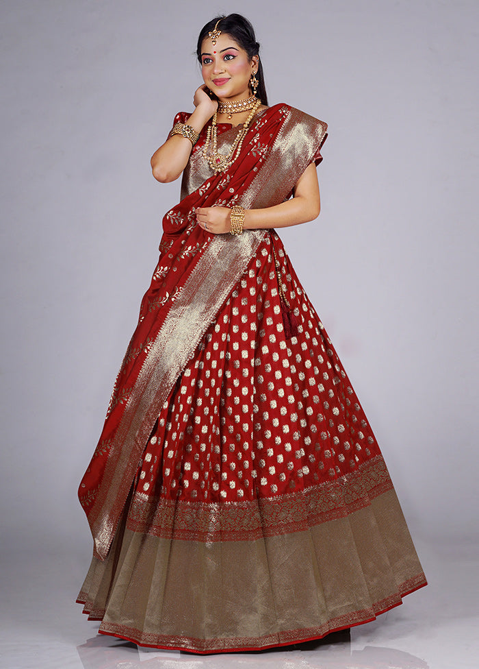 3 Pc Maroon Silk Semi Stitched Lehenga Set