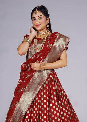 3 Pc Maroon Silk Semi Stitched Lehenga Set