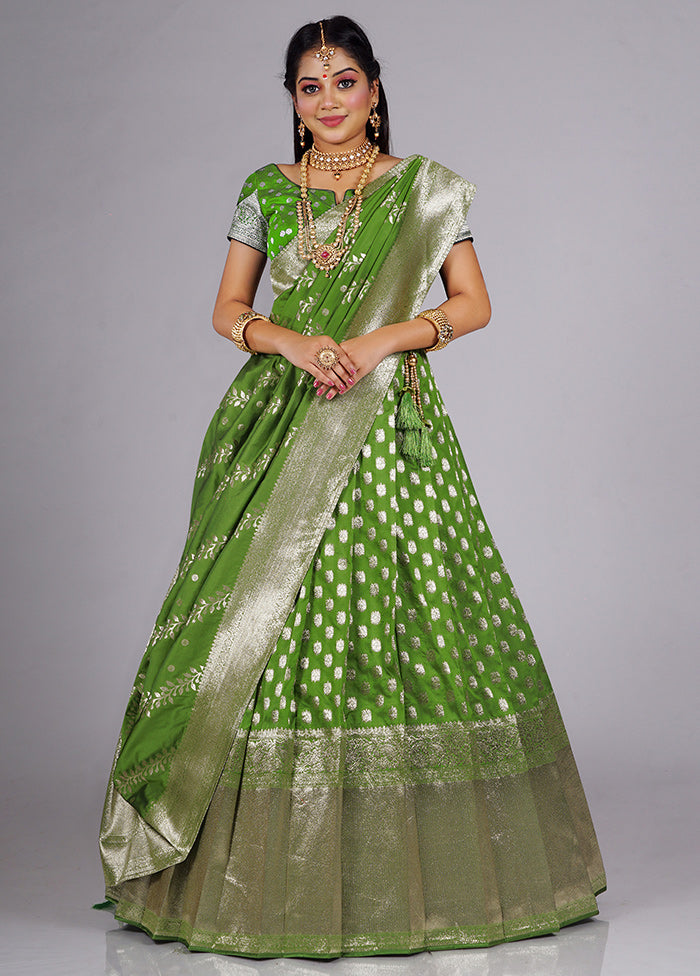 3 Pc Parrot Green Silk Semi Stitched Lehenga Set