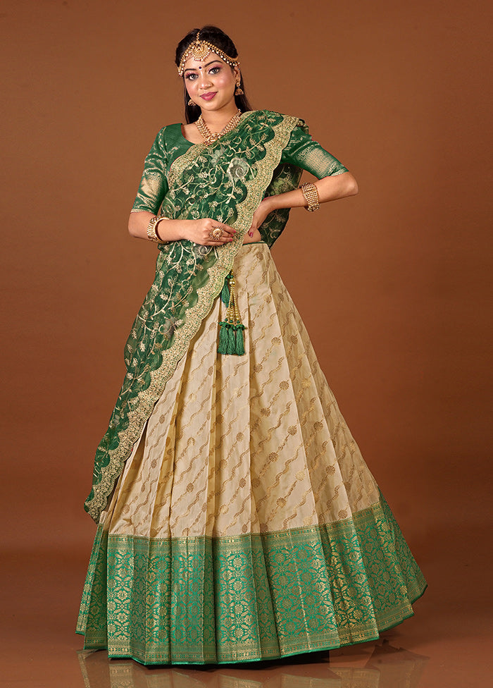 3 Pc Green Silk Semi Stitched Lehenga Set