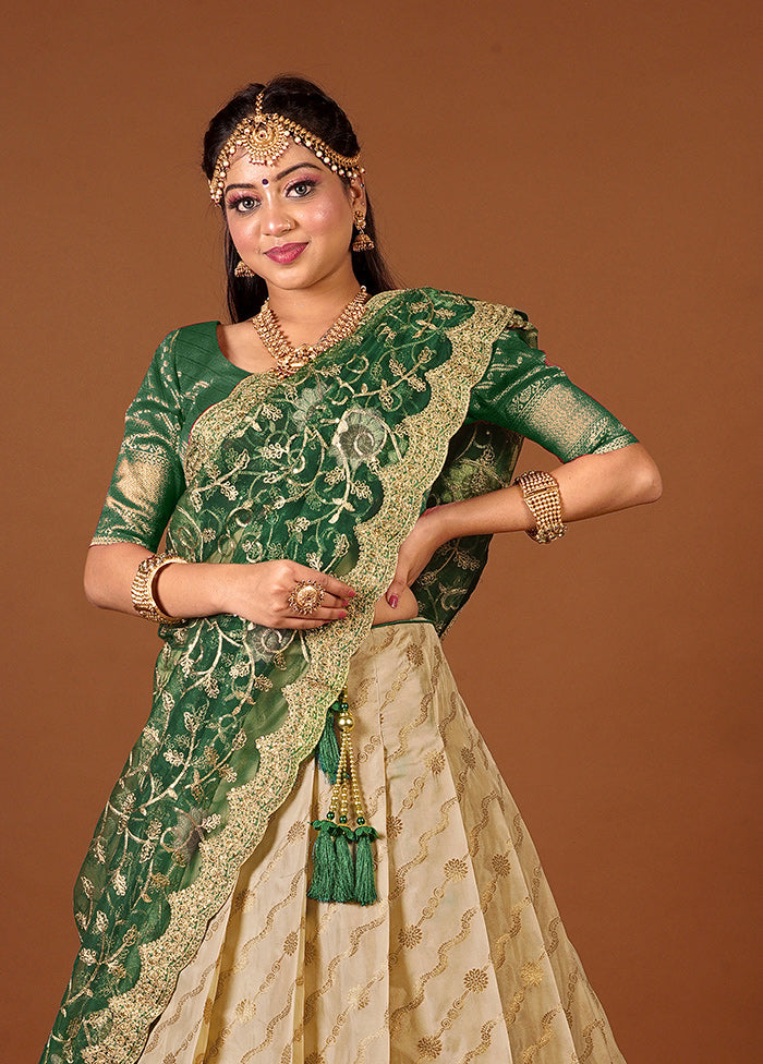 3 Pc Green Silk Semi Stitched Lehenga Set